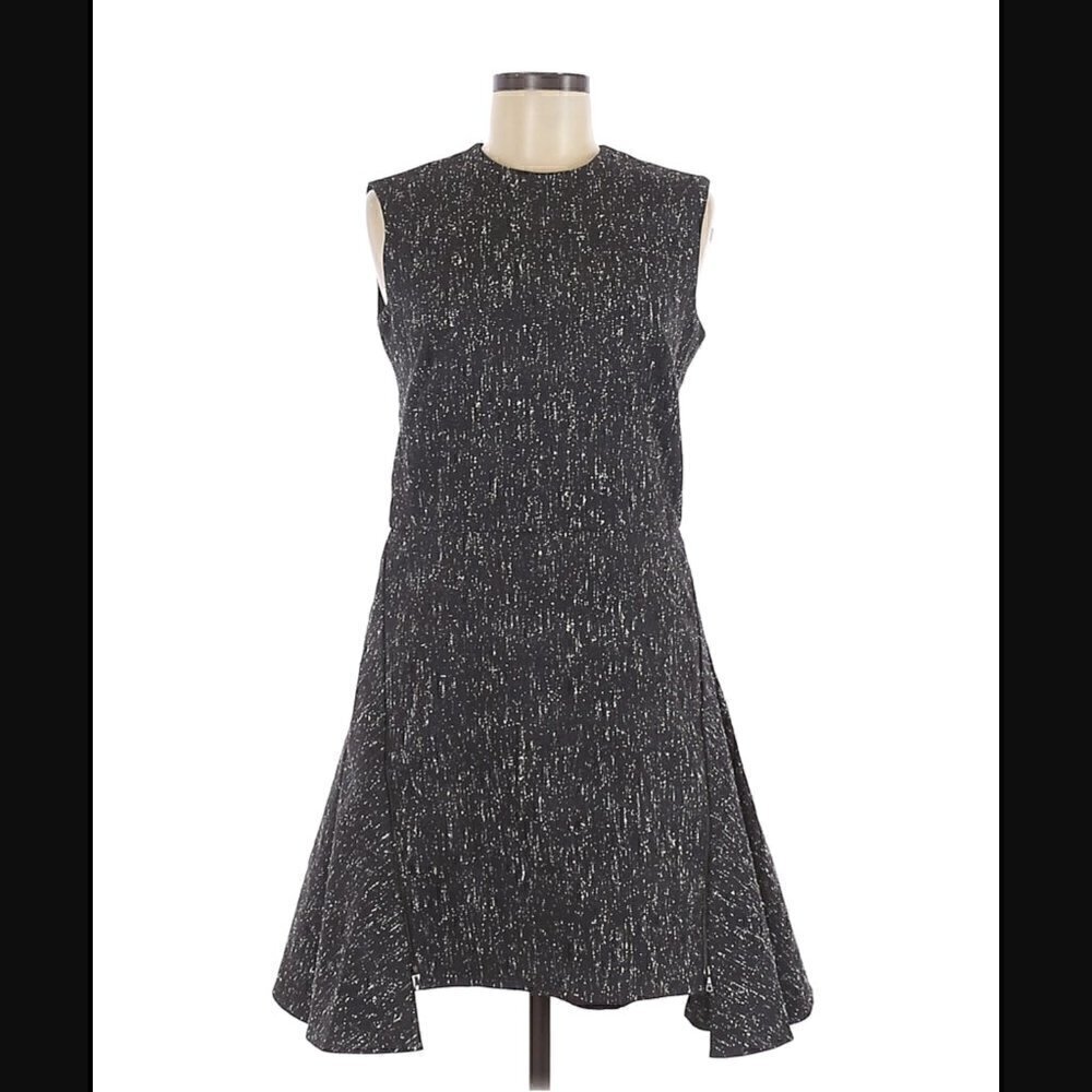 Adeam Dress 8 Fit & Flare Virgin Wool Paint Splatter Zipper Navy Blue Side Panel